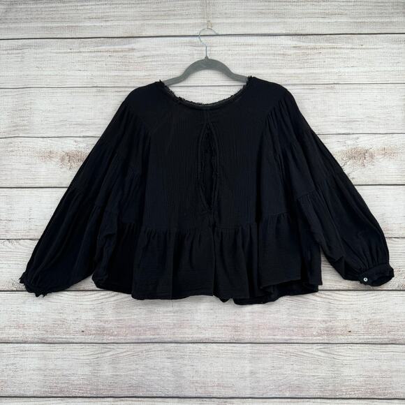 Free People Oversized Boxy Peplum Top Blouse Womens XS Black Rough Hem - Picture 2 of 12